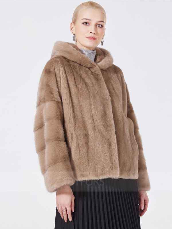 Cropped Length Real Mink Fur Women Jacket with Hood