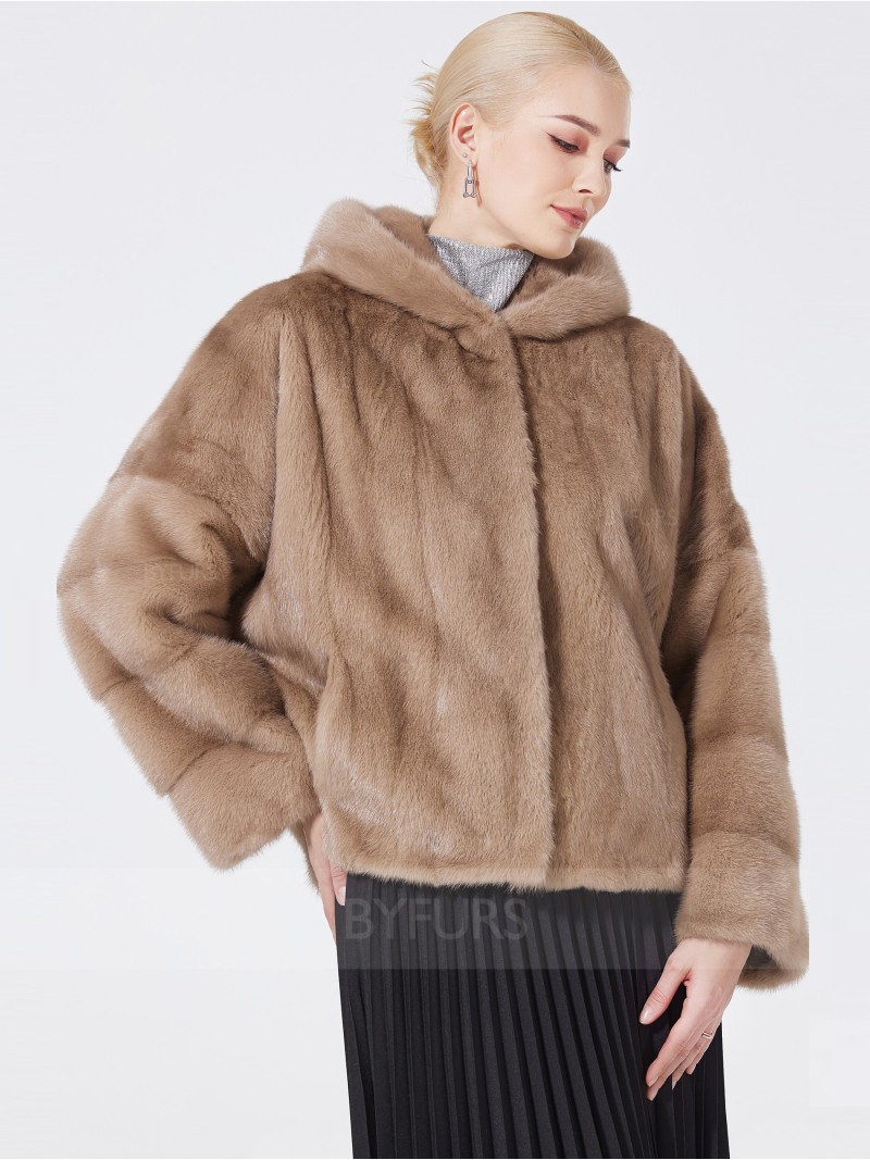 Cropped Length Real Mink Fur Women Jacket with Hood