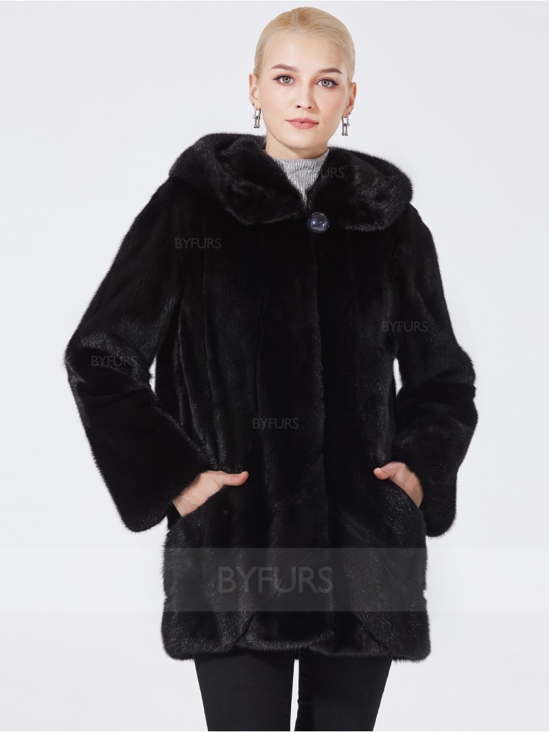 Mid-Length Female Black Mink Fur Coat with Hood