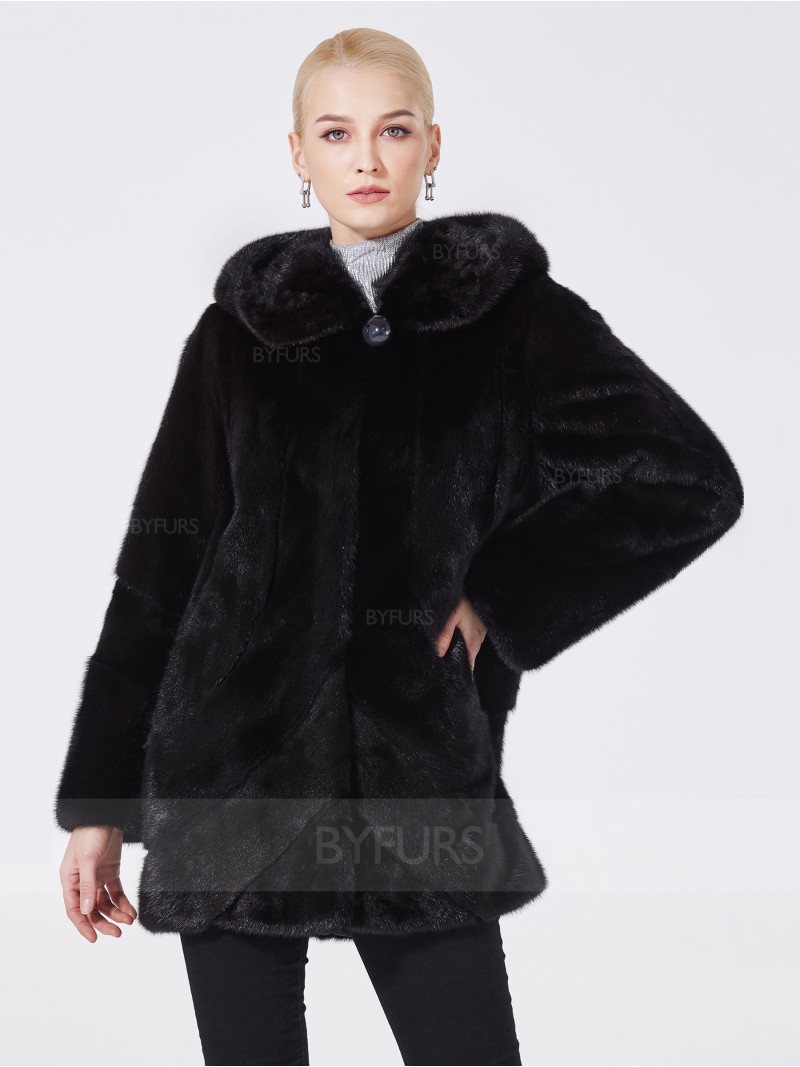 Mid-Length Female Black Mink Fur Coat with Hood