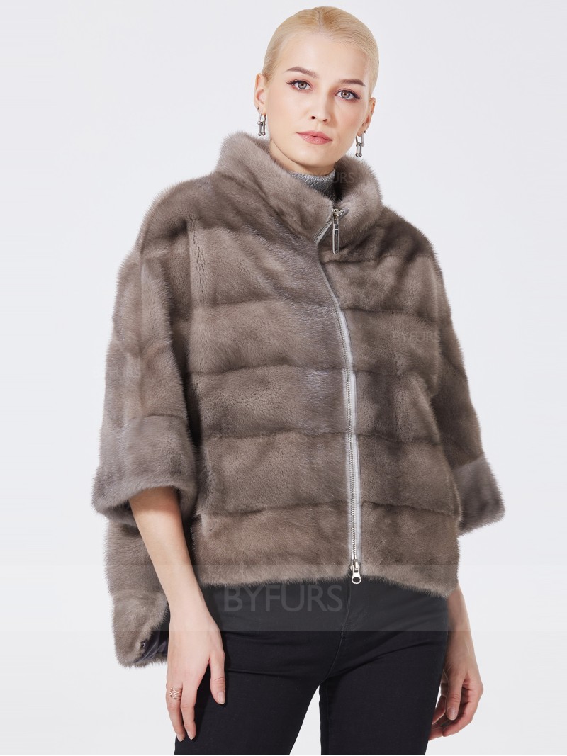 Zipper Real Mink Fur Short Jacket Women Silver Blue Stand Collar