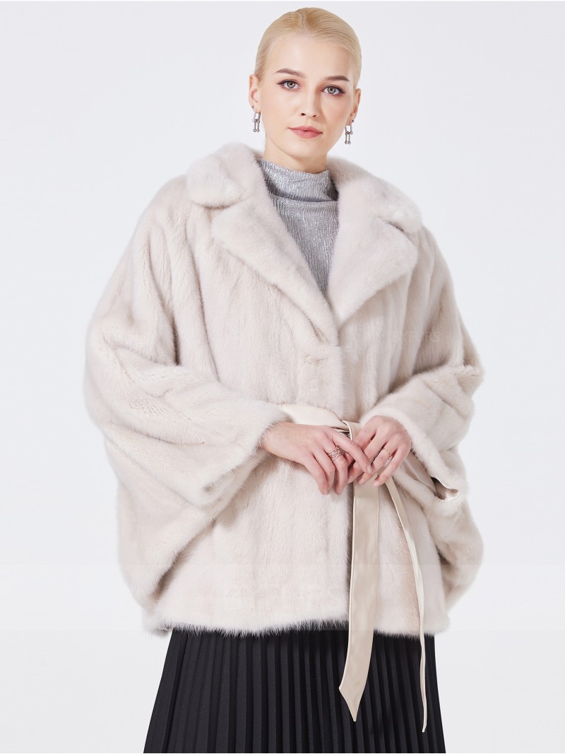 Cropped Length Real Mink Fur Jacket Female Honey Color Loose Sleeve with Girdle