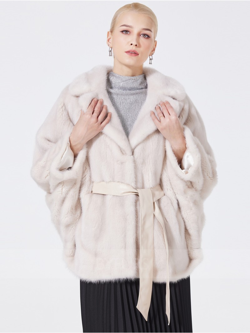 Cropped Length Real Mink Fur Jacket Female Honey Color Loose Sleeve with Girdle