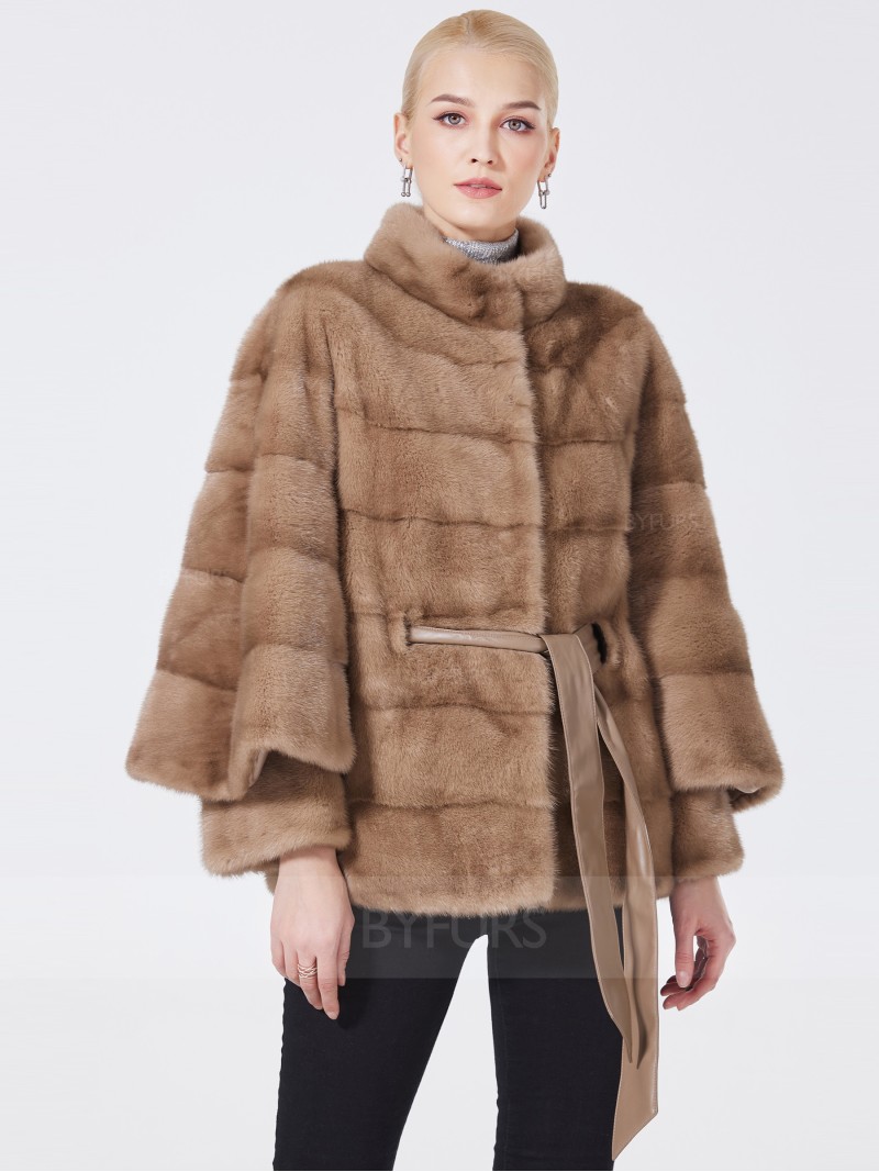 Hip Length Mink Fur Jacket Women Stand Collar with Girdle