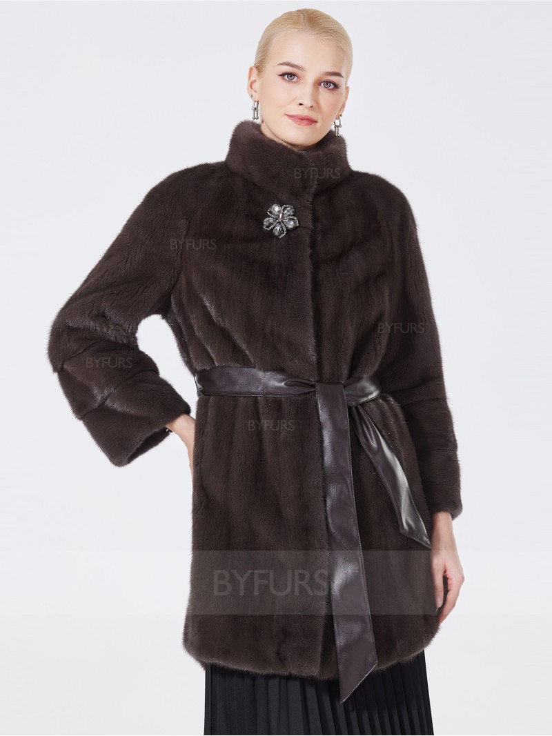 Women Mink Coat Mid-Length Bean Paste Color Stand Collar with Corsage Waistband