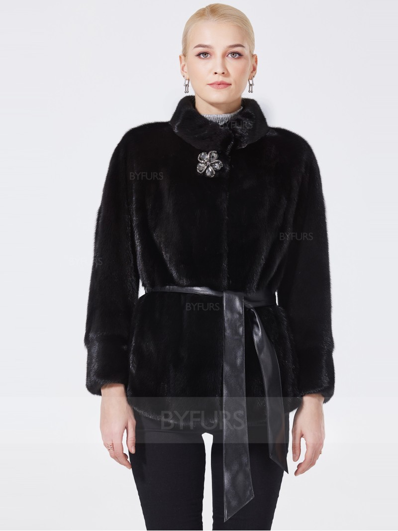 Cropped Length Women Black Mink Fur Jacket Female Stand Collar with Corsage