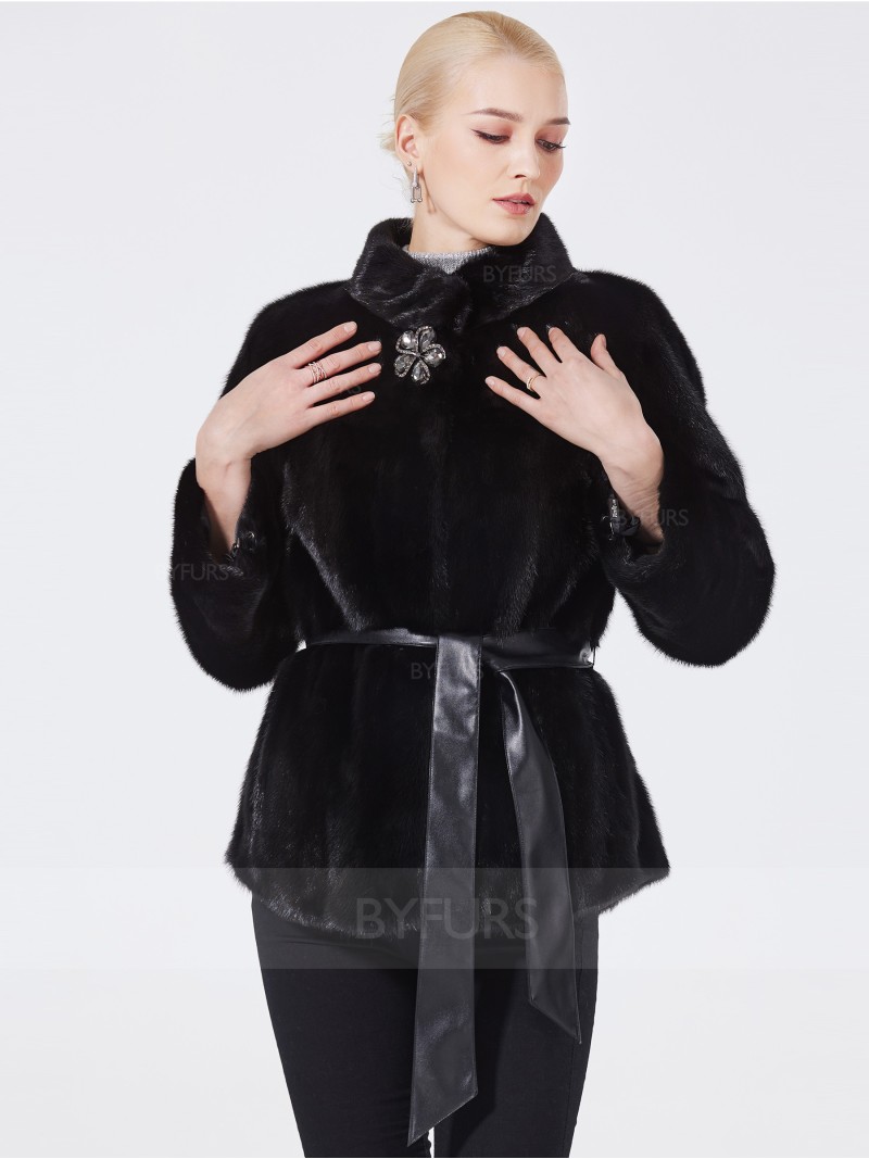 Cropped Length Women Black Mink Fur Jacket Female Stand Collar with Corsage