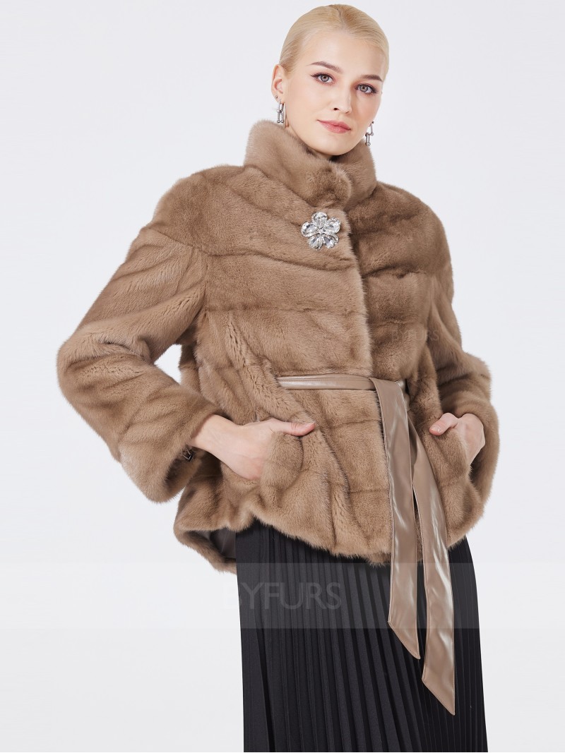 Cropped Length Real Mink Fur Women Jacket Pascal Color Stand Collar with Girdle