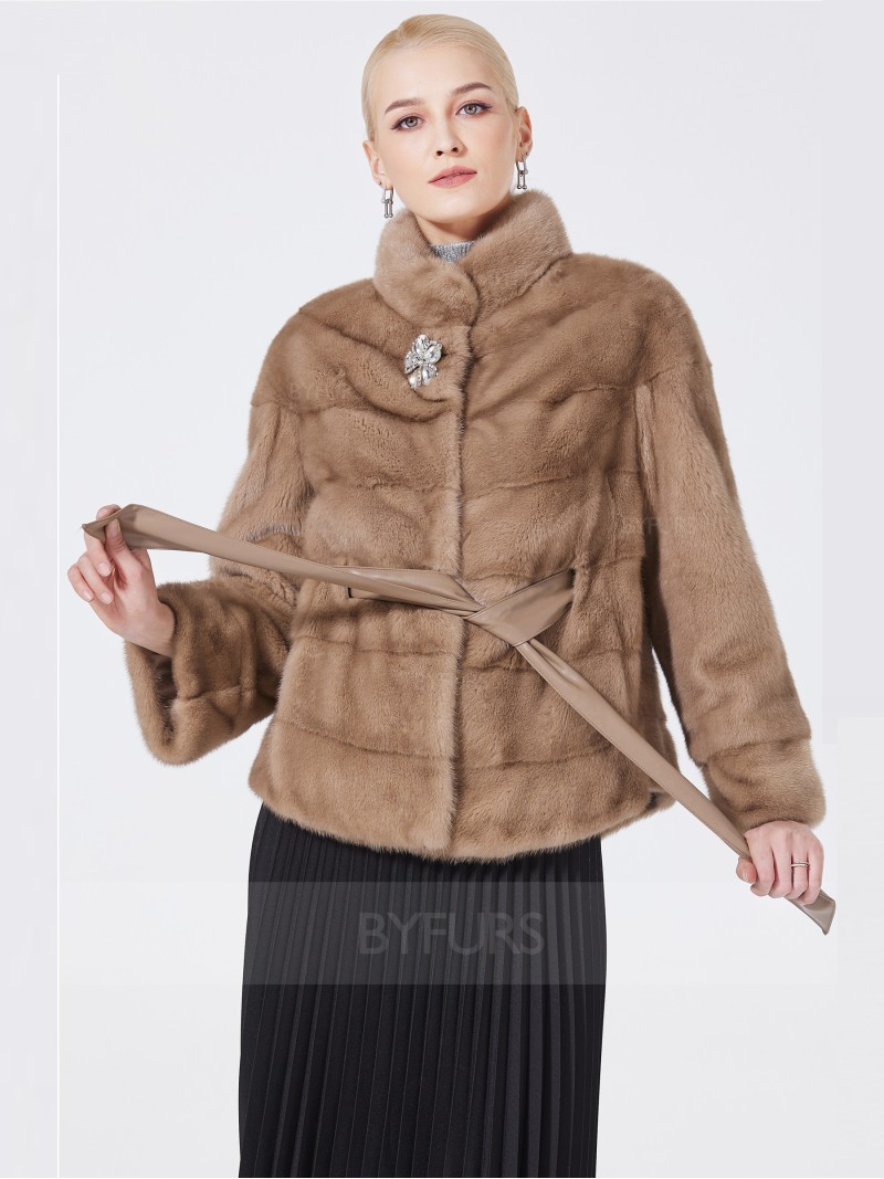 Cropped Length Real Mink Fur Women Jacket Pascal Color Stand Collar with Girdle