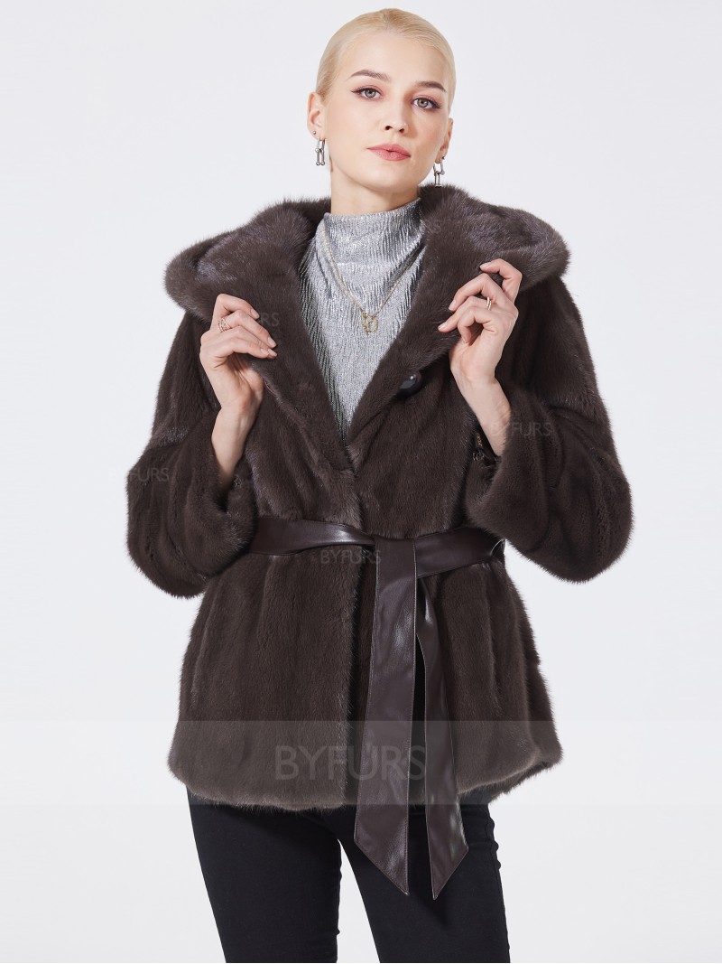 Hip Length Real Mink Fur Jacket Bean Paste Color Women with Shawl Hat