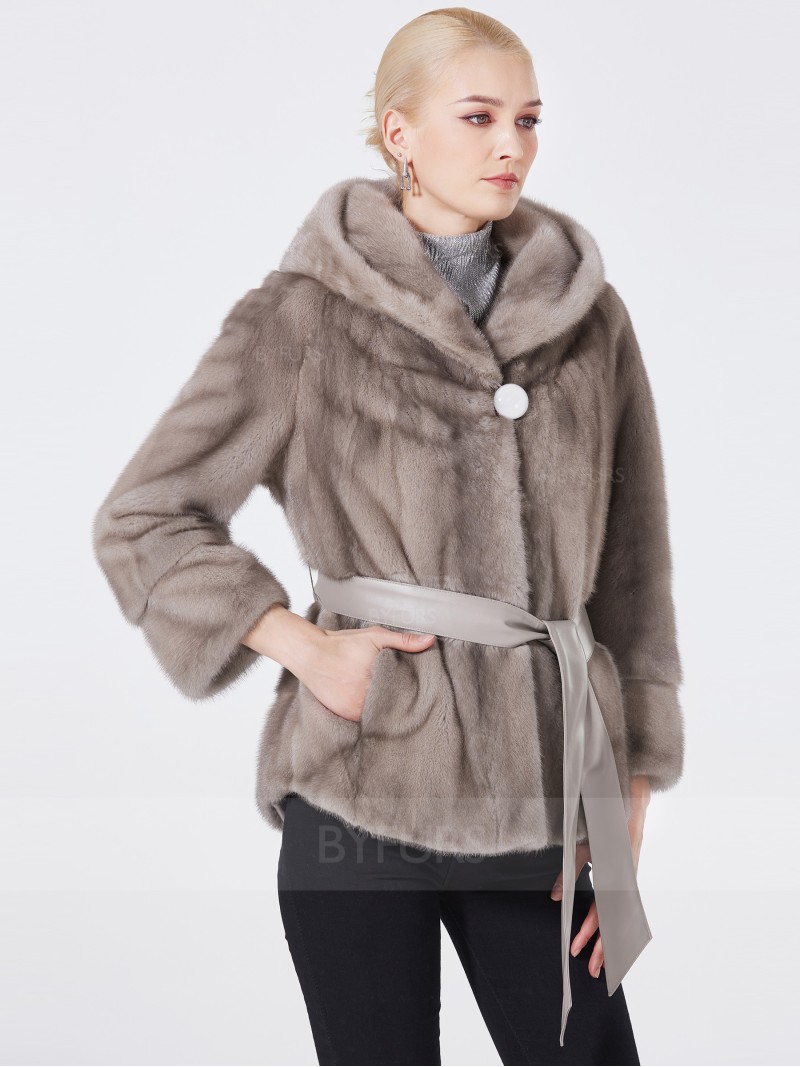 Cropped Length Women Mink Fur Jacket Silver Blue with Shawl Hat