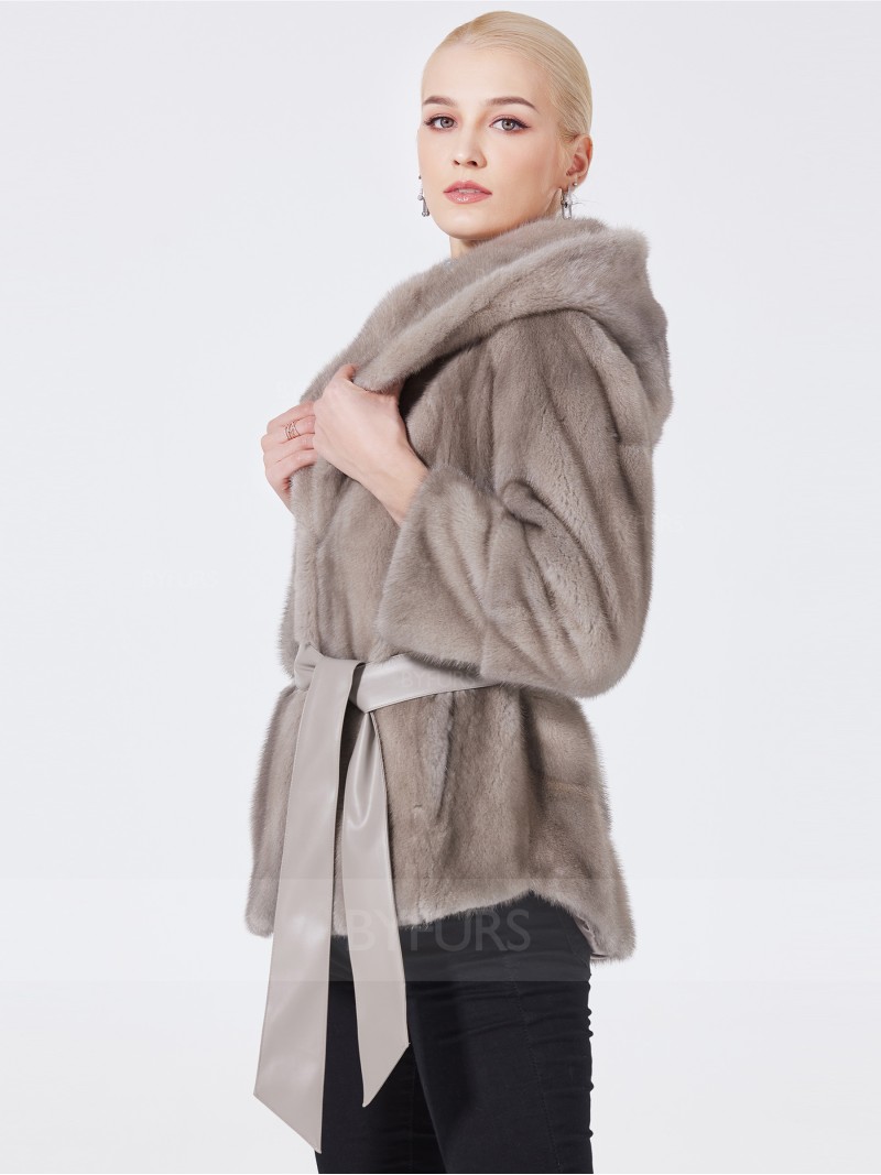 Cropped Length Women Mink Fur Jacket Silver Blue with Shawl Hat