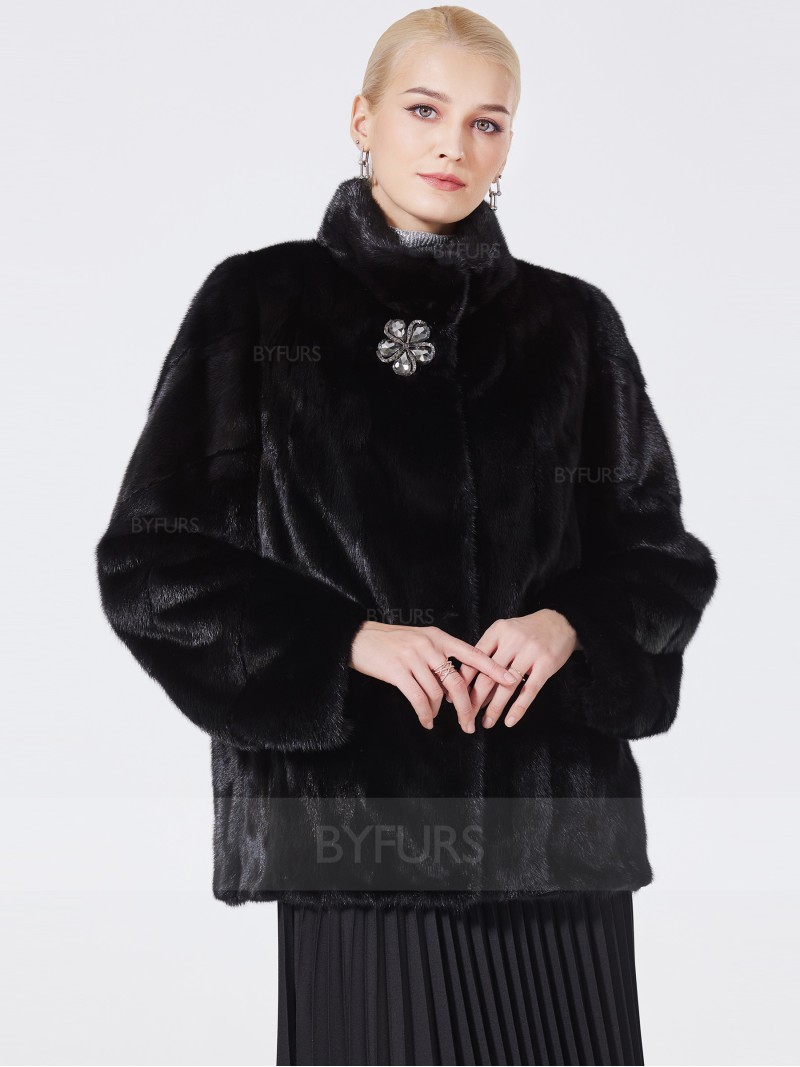 Cropped Length Real Mink Fur Stand Collar Jacket Female Black with Corsage