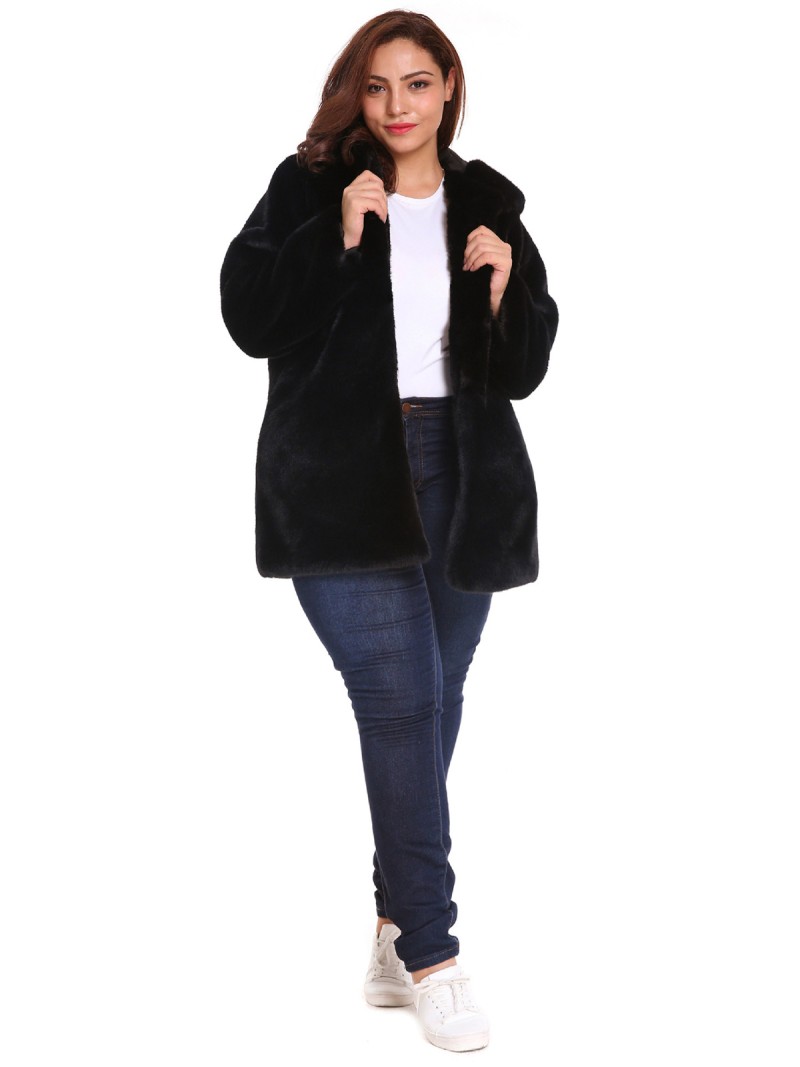 Women Black Faux Fur Coat Hood Autumn Winter Fashionable Long Overcoat
