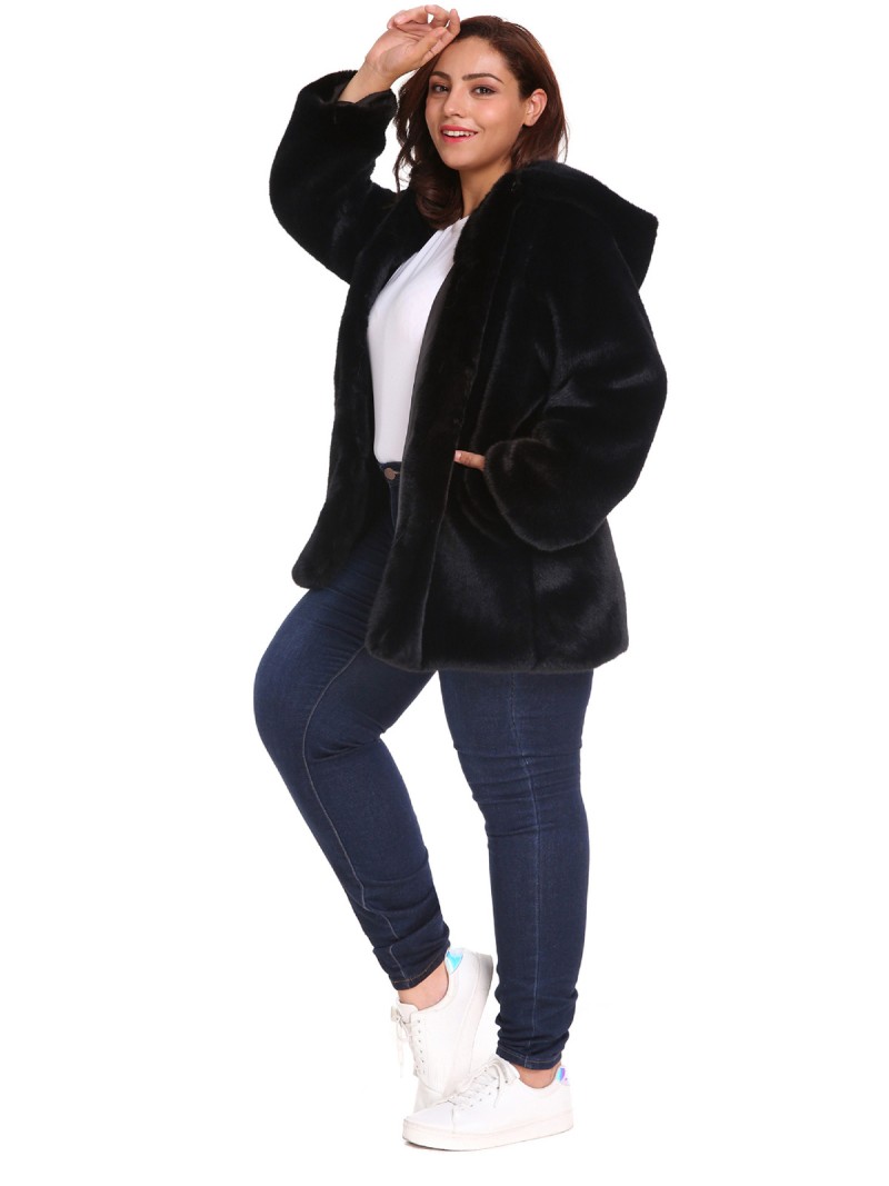 Women Black Faux Fur Coat Hood Autumn Winter Fashionable Long Overcoat