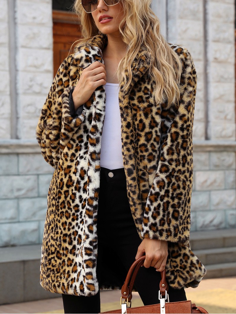 Women Faux Fur Coat Leopard Print Suit Collar Mid-Length