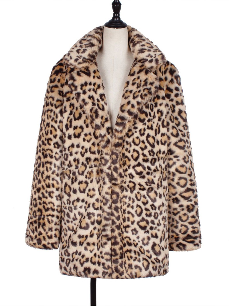 Women Leopard Faux Fur Coat Winter Warm Fashion Plush Outerwear
