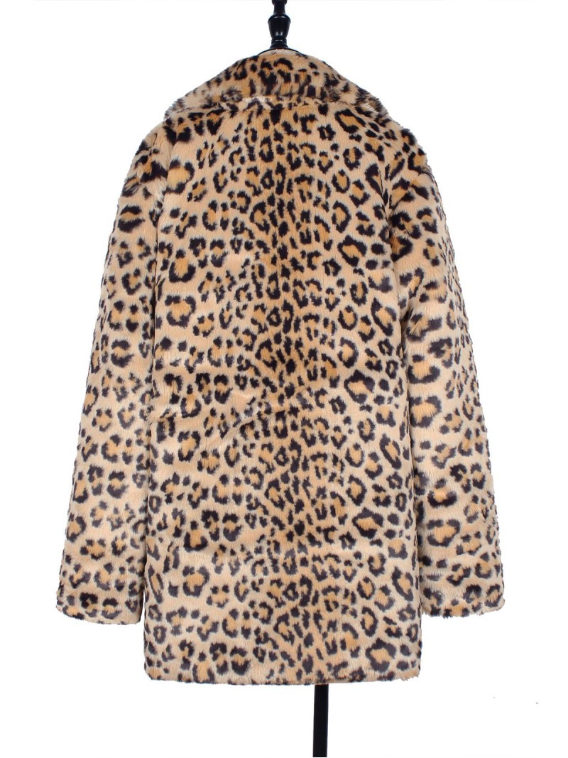 Women Leopard Faux Fur Coat Winter Warm Fashion Plush Outerwear