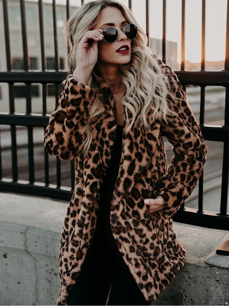 Leopardo De Imitación De Piel De Las Mujeres Chaqueta De Moda De Invierno Cálido Longitud De La Cadera