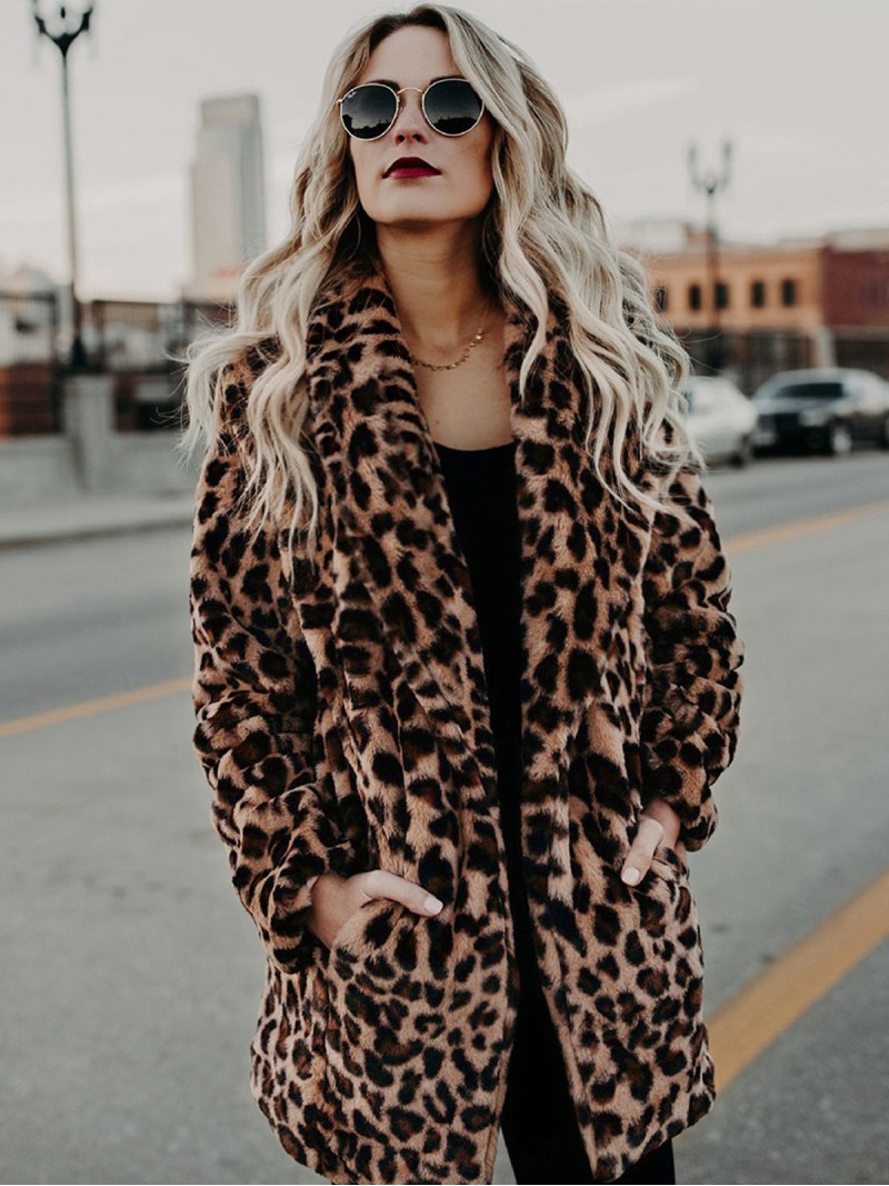 Leopardo De Imitación De Piel De Las Mujeres Chaqueta De Moda De Invierno Cálido Longitud De La Cadera