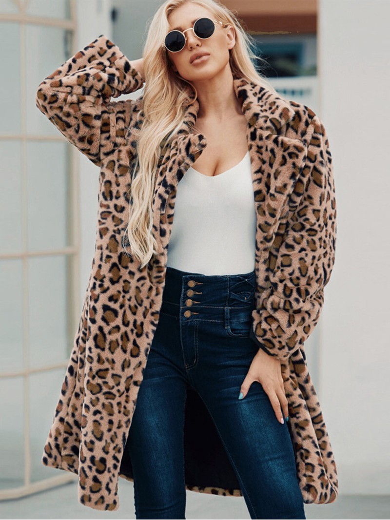 Leopard Print Faux Fur Coat Women Long Fashion Fur Windbreaker with Suit Collar