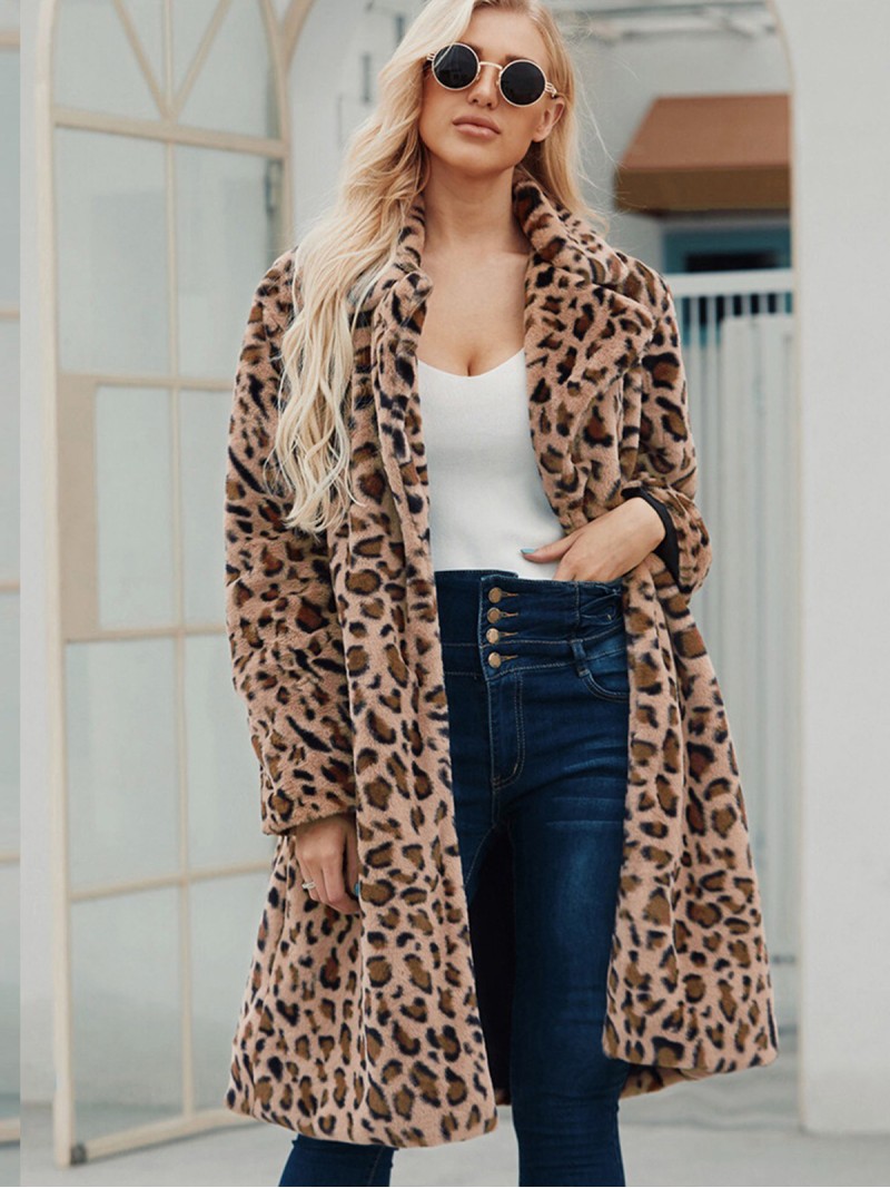 Leopard Print Faux Fur Coat Women Long Fashion Fur Windbreaker with Suit Collar