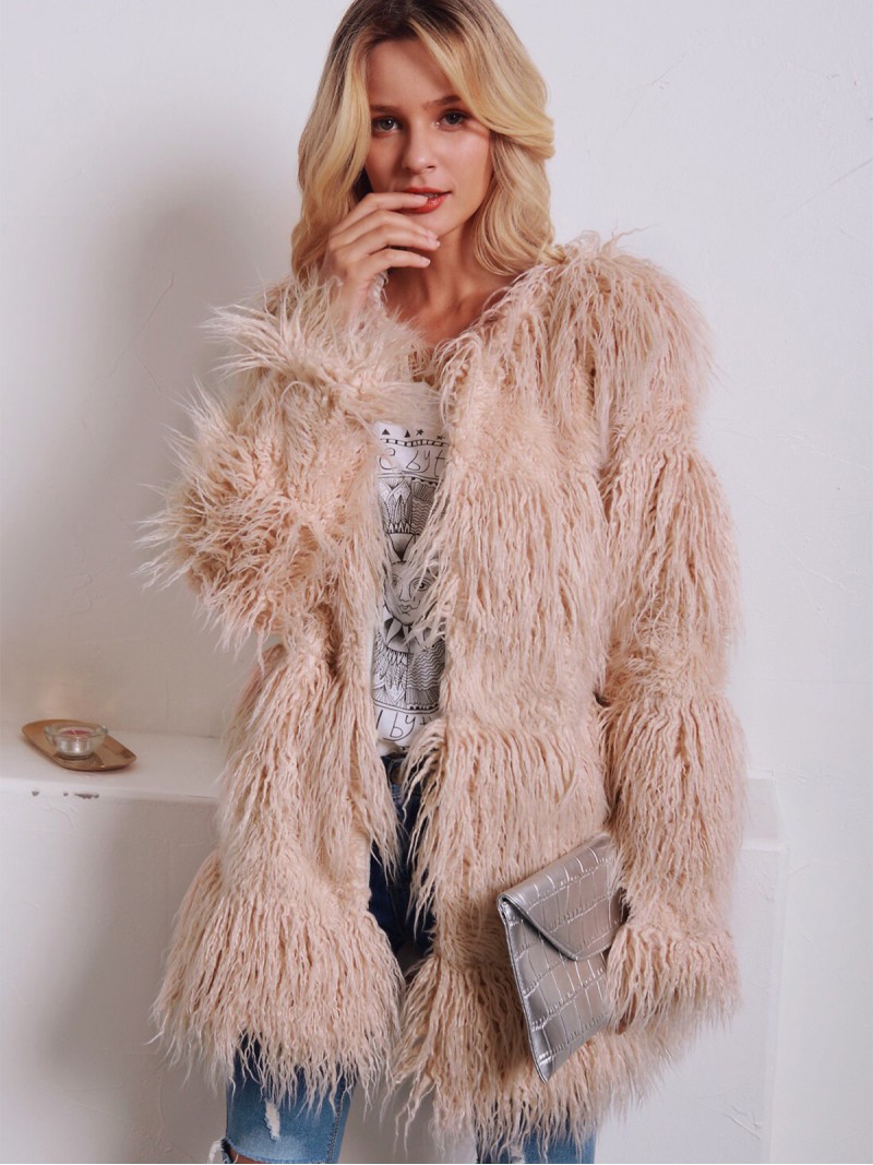 Pink Faux Fur Coat Women European and American Fashion Round Neck Long Outerwear