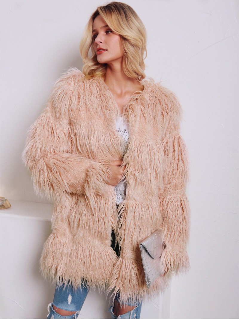 Pink Faux Fur Coat Women European and American Fashion Round Neck Long Outerwear