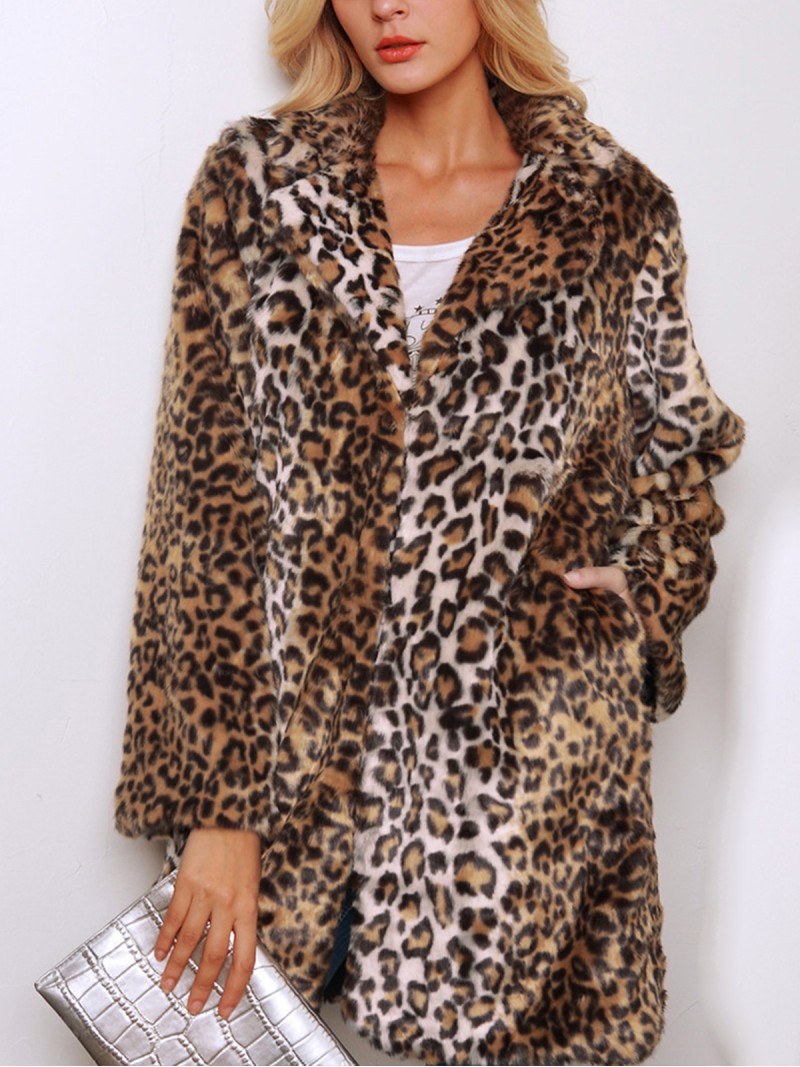 Leopard Print Faux Fur Coat Autumn and Winter Women Long Imitation Fur Coat
