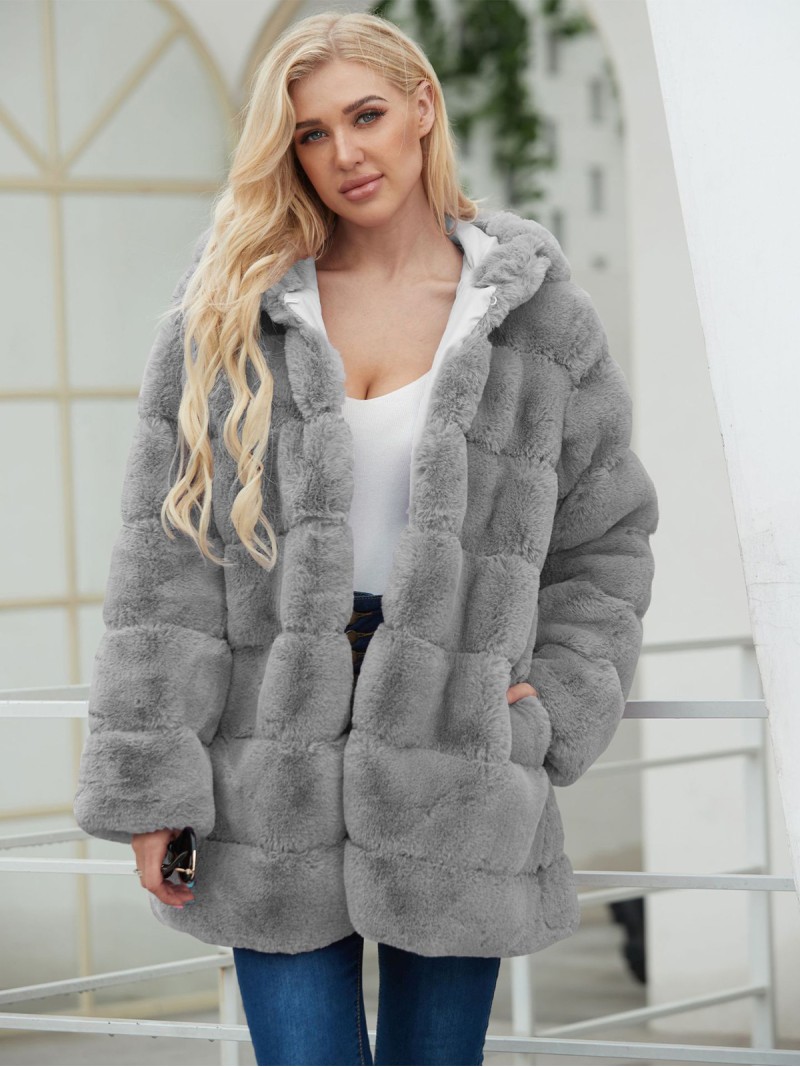 Women Faux Fur Coat Winter Warm Hood Plush Popular Outerwear