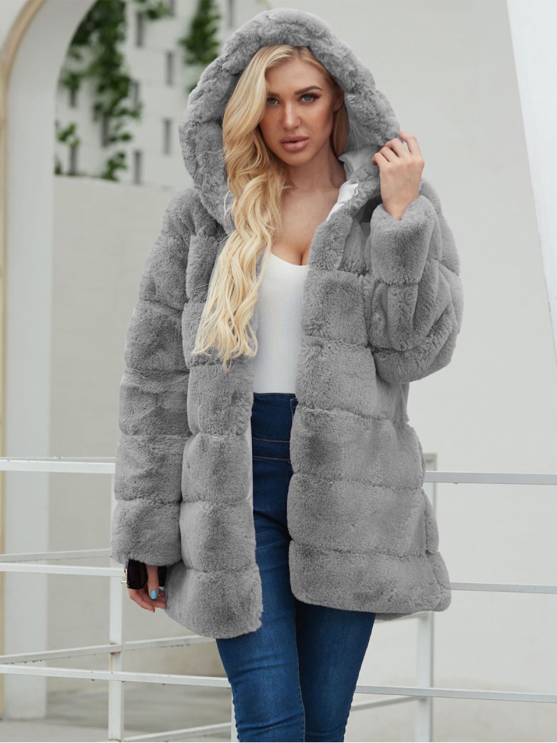 Women Faux Fur Coat Winter Warm Hood Plush Popular Outerwear