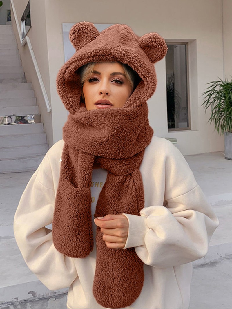 Faux Fur Hat Cute Bear Ear Hat Winter Plush Scarf Gloves All In One Headwear