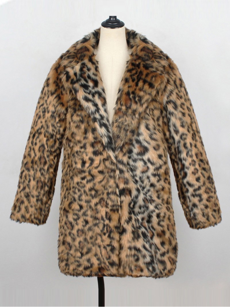 Women Leopard Faux Fur Coat Suit Collar Long Sleeve Plush Overcoat