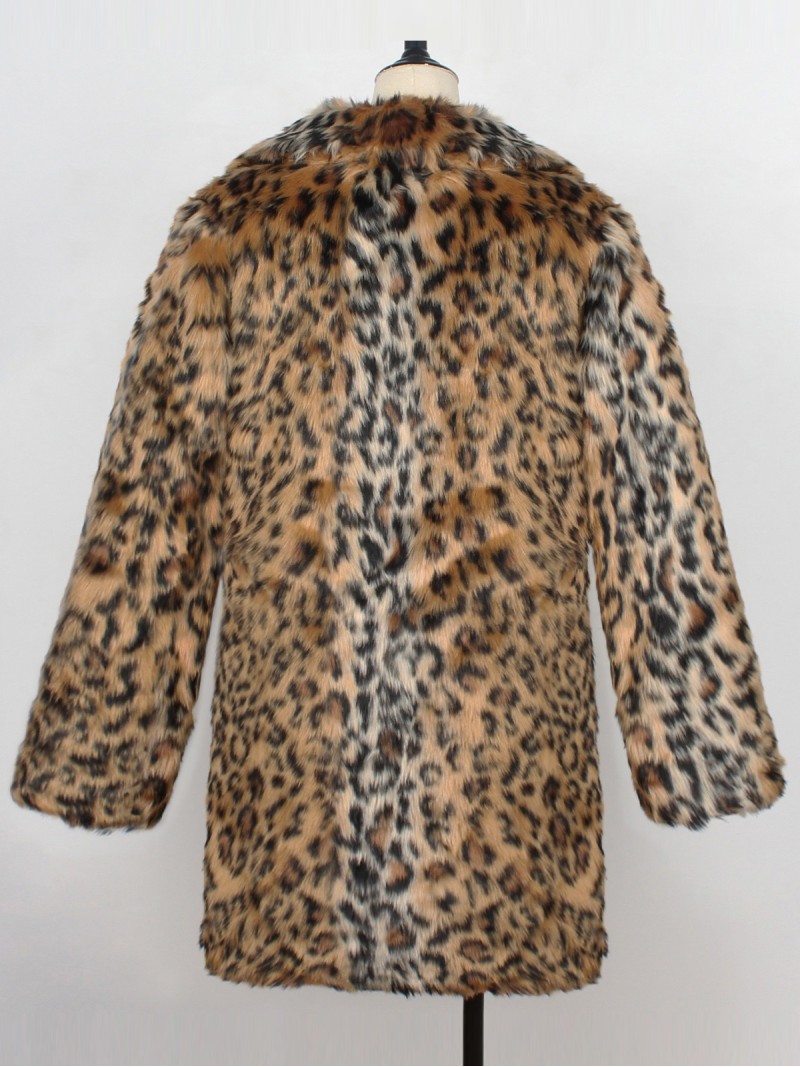 Women Leopard Faux Fur Coat Suit Collar Long Sleeve Plush Overcoat