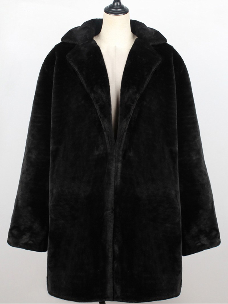 Black Faux Fur Coat Women Suit Collar Autumn Winter Long Overcoat