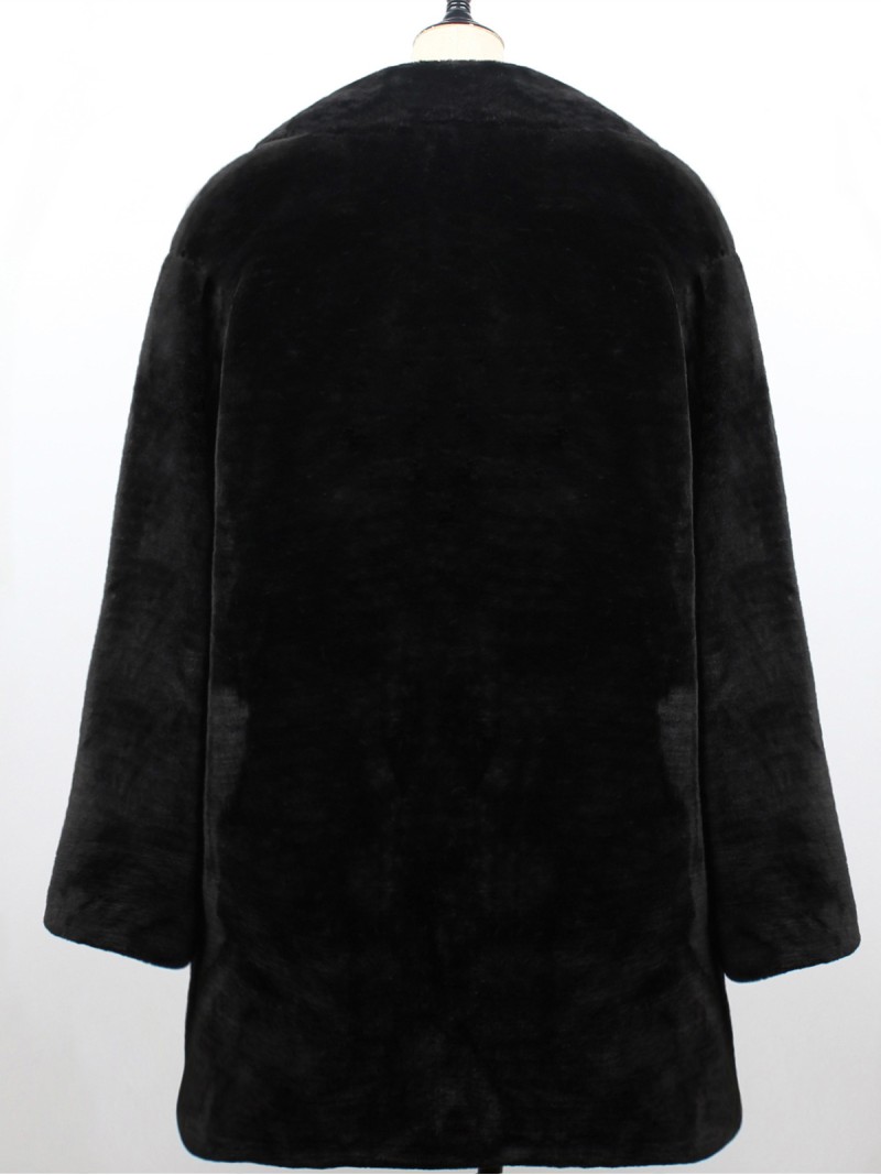 Black Faux Fur Coat Women Suit Collar Autumn Winter Long Overcoat