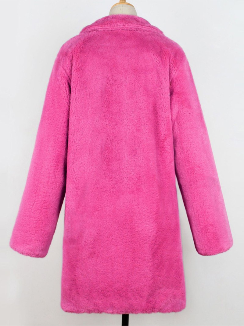 Women Imitation Fur Rose Red Coat Suit Collar Autumn Winter Plush Long Outerwear