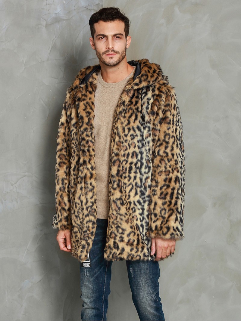 Men Leopard Faux Fur Coat Hooded Plush Fashion Outerwear Mid-Length