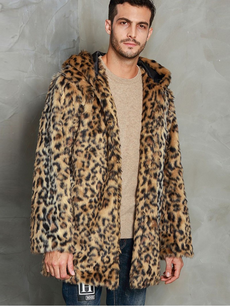 Men Leopard Faux Fur Coat Hooded Plush Fashion Outerwear Mid-Length