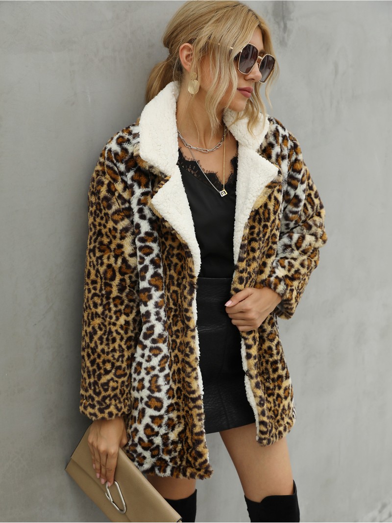 Mujer Leopardo De Imitación De Piel Abrigo Traje De Cuello De Felpa De Longitud Media Ropa De Abrigo