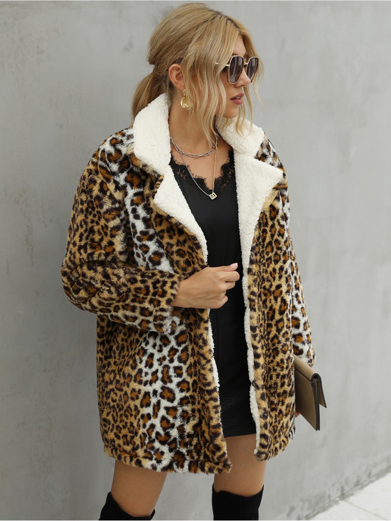 Female Leopard Faux Fur Coat Suit Collars Plush Mid-Length Outerwear