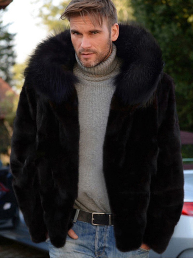 Men Faux Fur Jacket Black Autumn and Winter Popular Imitation Fox Fur Tops