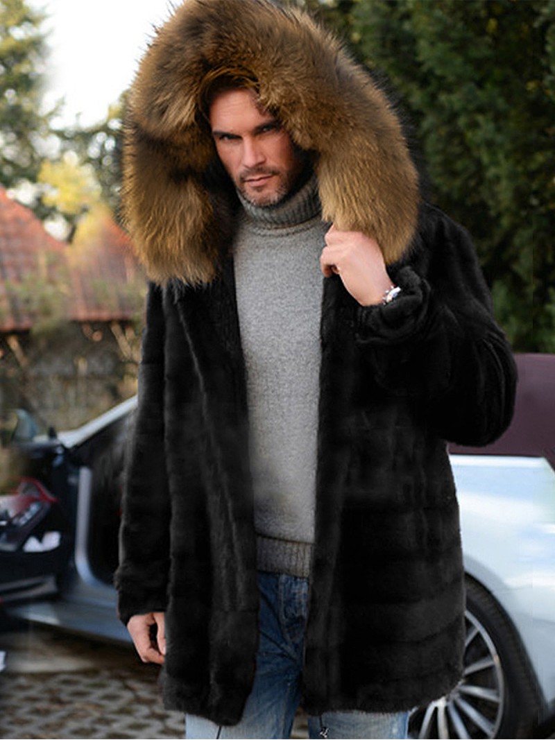 Men Faux Fur Coat Hooded Winter Warm Imitation Fox Fur Outerwear Mid-Length