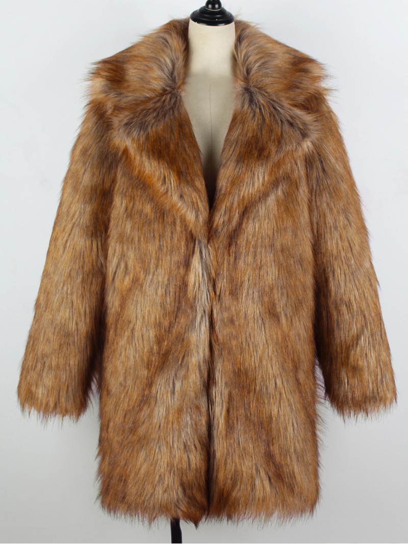 Long Imitation Fox Fur Coat Suit Collar Women Casual Autumn Winter Yellow Overcoat