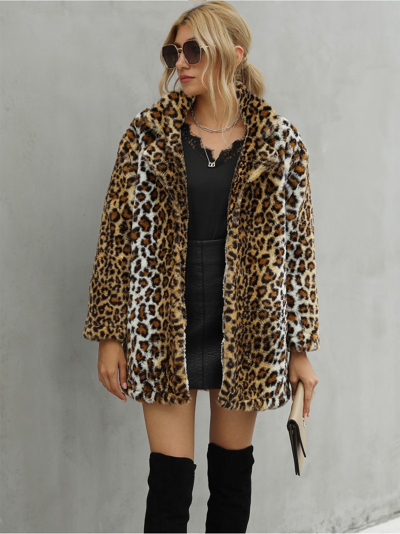 Long Leopard Faux Fur Coat Women Suit Collar Tops with Pockets
