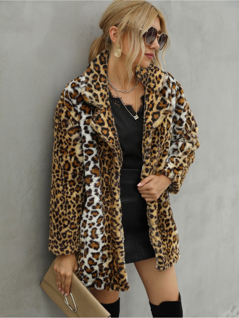 Long Leopard Faux Fur Coat Women Suit Collar Tops with Pockets