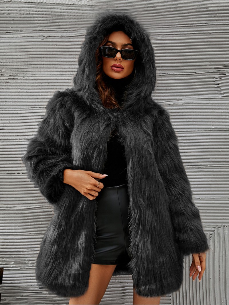 New Autumn and Winter Hooded Women Faux Fur Coat Mid-Length