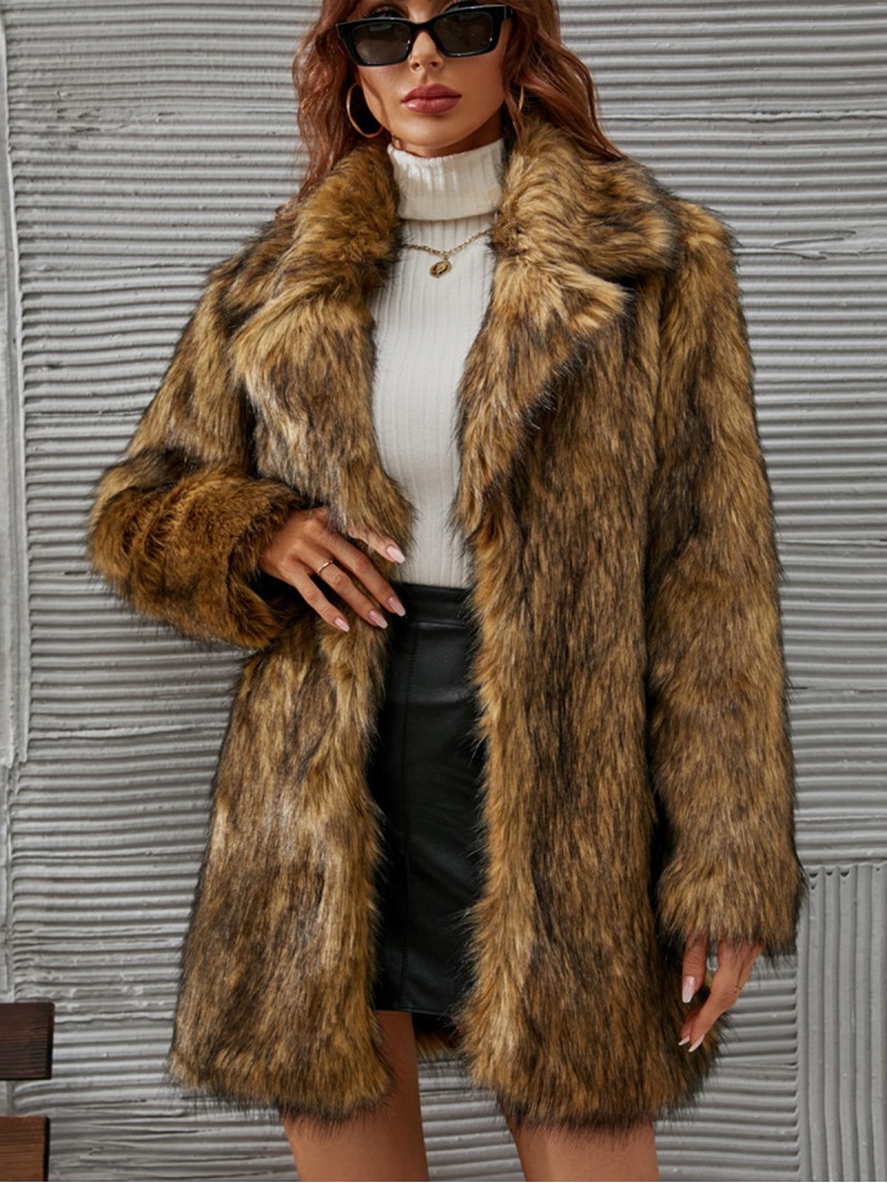 Women Faux Fur Coat Suit Collar Autumn and Winter Plush Yellow Tops Mid-Length