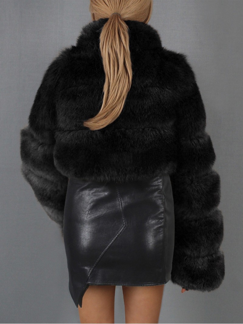 Female Short Faux Fur Jacket Stand Collar Fashion Casual Tops