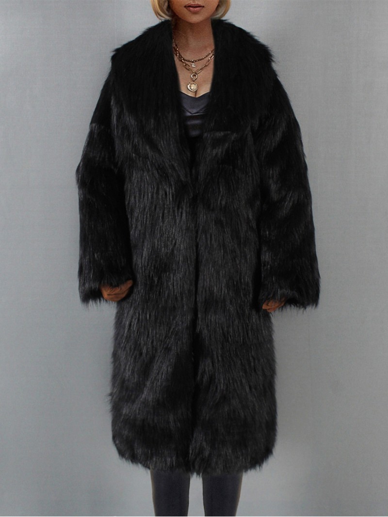 Faux Fur Coat Women Winter Warm Casual Plush Tops Knee-Length